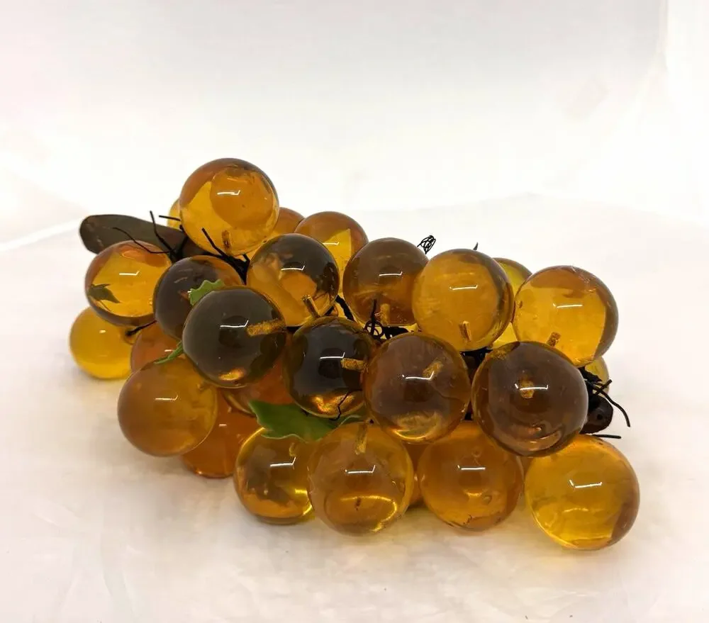 Mid century Amber Glass Grapes Cluster Decorative Fruit Sculpture Green Leaves